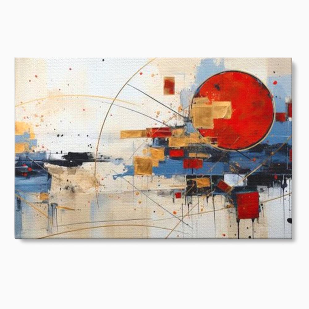 Tablou canvas cu tablou abstract cu cerc rosu si linii, fara rama, pe sasiu de lemn